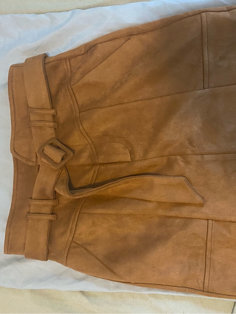 Allegra K Camel Brown Suede-Look Midi Skirt with Belt